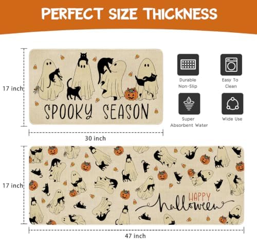 Ghost Black Cat Halloween Kitchen Rugs and Mats Set of 2, (17"x47"+17"x30") Gothic Cute Spooky Season Pumpkin Trick Or Treat Non Skid Washable Runner Rugs for Home Decor Decorations and Accessories