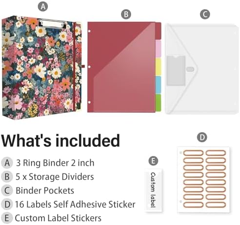 3 Ring Binder 2 Inch for Letter Size 8.5" x 11" Paper, Clipboard Binder with 5 Tabbed Dividers with Pockets, Plastic Folder and 40 Divider Stickers, School and Office Supplies, Colorful Flowers