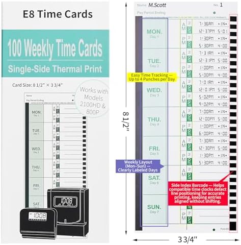 300 E8 Weekly Thermal Time Cards, Compatible with Lathem 2100HD & 800P