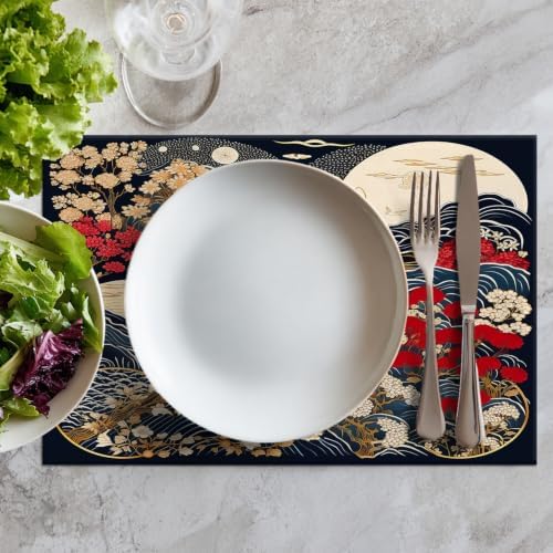 Batmerry Flowers Waves Placemats, Beautiful Nature Scene with Moon Washable Linen Table Mats for Kitchen Table Double Insulation Decor Dining Set Indoor Outdoor 12X18 in Set of 8