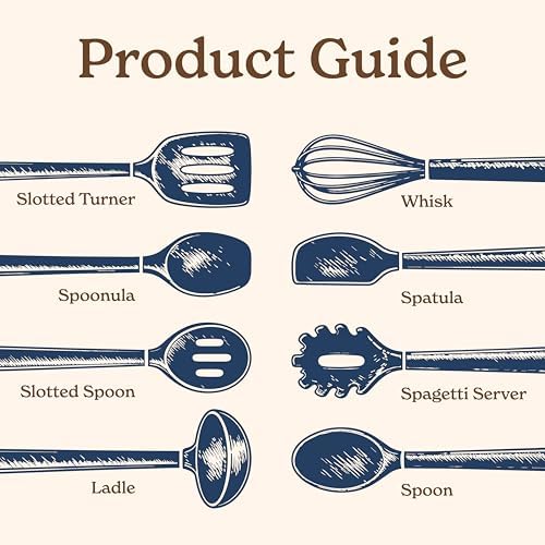 Country Kitchen Non Stick Silicone Utensil Set with Rounded Wood Handles for Cooking and Baking, 8 Piece Set, Navy