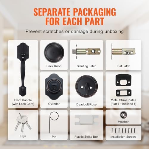 VEVOR Front Door Handle and Deadbolt Set, Front Door Lock Set with Interior Knob, Adjustable Hole Spacing Single Cylinder Handleset, for Right and Left Handed Entrance, Brushed Oil Rubbed Bronze