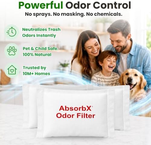 iTouchless Official AbsorbX 3-Pack Trash Can Odor Filters Activated All Natural Charcoal Air Freshener Deodorizer Absorber Stops Garbage Smells for 8 Gallon & Larger Garbage Bins with Compartment
