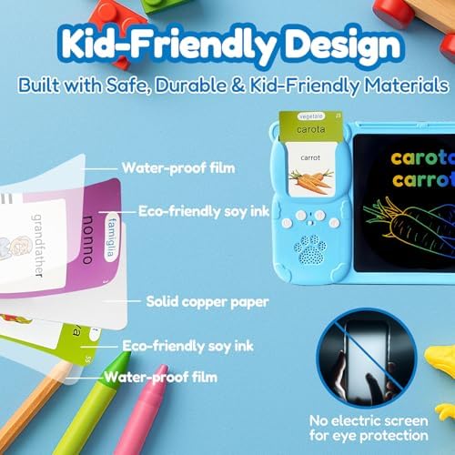 Writing Tablet with Bilingual Flash Cards for Kids, Italian Blue