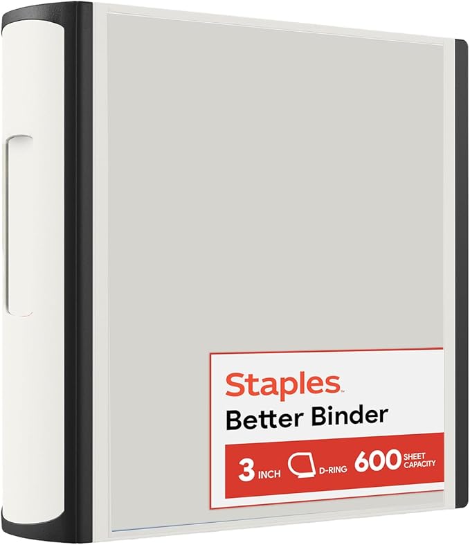 Staples Heavy-Duty 3-Inch D-Ring Binder, White, Holds 600 Sheets | Large-capacity 3-ring binder with pockets for document storage.
