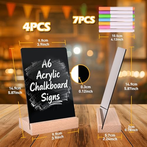 PINTUSON Mini Chalkboard Signs with Wooden Stand (4 Sets), 4x6 Acrylic Food Labels for Party Buffet, Double-Sided Erasable Table Numbers with 7 Chalks for Bakery Display & Wedding Catering
