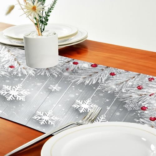 ALAZA Double-Sided Silver Christmas Tree Snowflake Table Runner 14x108 Inches Long,Table Cloth Runner for Wedding Birthday Party Kitchen Dining Home Everyday Decor