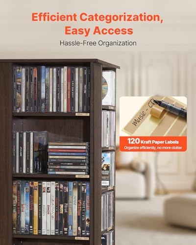 VEVOR Media Storage Cabinet, CD Rack Tower, 34 Compartments Rotating Media Tower Rack for CDs, DVDs, Books and Game Discs, DVD Stand for Living Room, Home Office and Recording Room, Brown