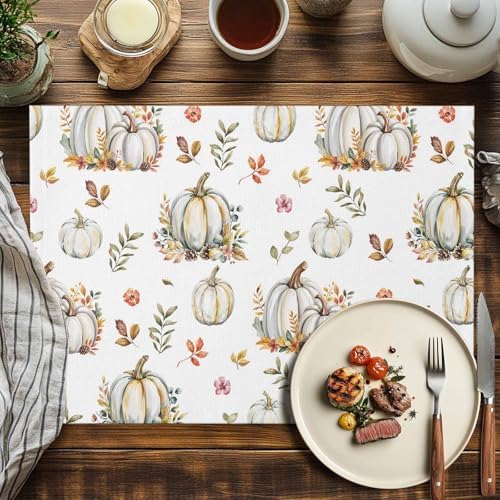 Fall Floral Leaves Placemats Set of 6, Thanksgiving Pumpkins Heat Resistant Washable Table Place Mats Boho Cotton Table Linens Party Holiday Decorations for Home Kitchen Dining Table Outdoor Indoor,