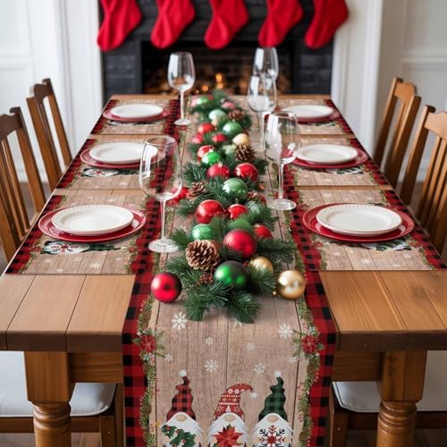 Gnomes Christmas Decorations Placemats Set of 6, Farmhouse Buffalo Plaid Red Black Cotton Line Stain Resistant Table Mats Washable Holidays Placemat For Kitchen Dining Table Winter Snowflakes