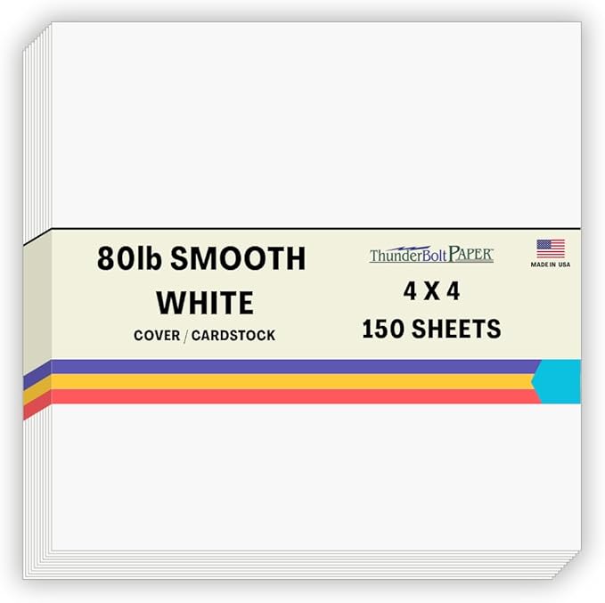 150 Bright White Smooth 80# Card Paper Sheets - 4" X 4" (4X4 Inches) Small Square Card Size - 80 lb/Pound Cover Weight - Quality Stock - Print Consistency - Smooth Finish