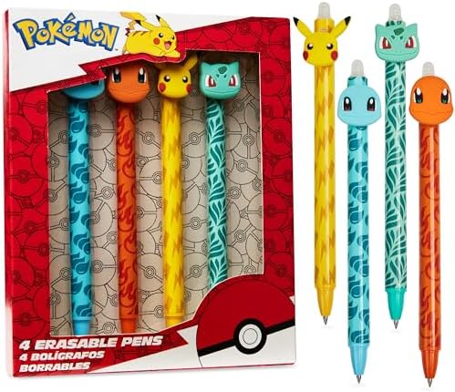 Pokemon Erasable Pens Set of 4 School Supplies Smooth Writing Retractable Pikachu Blue Gel Pens Ballpoint for Drawing Doodling Journaling Kawaii Anime Gifts