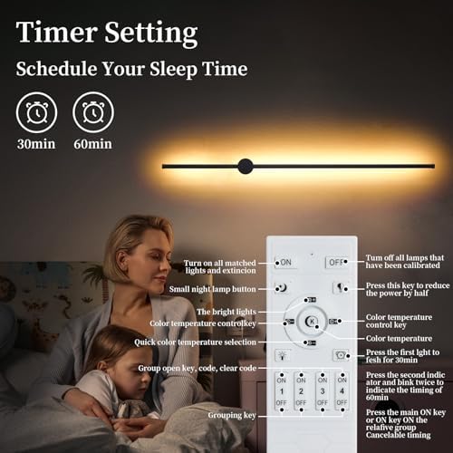 KELUOLY Dimmable Plug in Wall Sconce Set of 2,Black 39.37" LED Wall Light with Remote,Adjustable Color Temperature Brightness,Wall lamp with Timer for Living Room,Bedroom and Accent Lighting