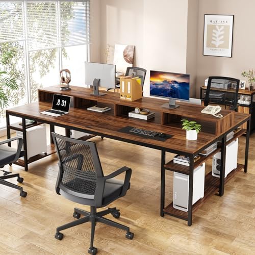 Tribesigns Two Person Desk with Monitor Stand, 78.74" Long Double Computer Office Desk with Storage Shelves, Large Gaming Study Writing Table Workstation for Home Office (Rustic Brown)