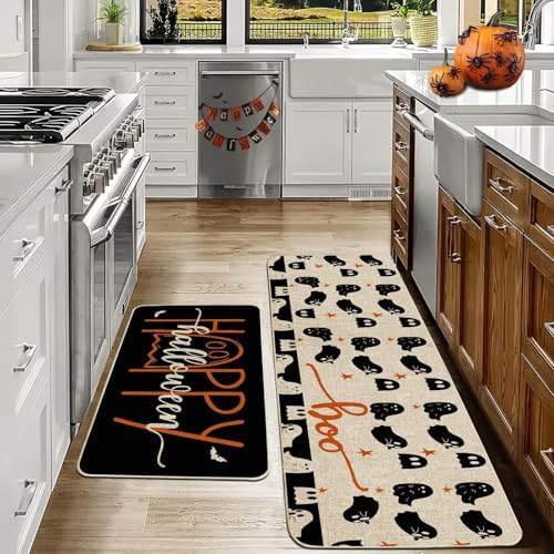 Baccessor Happy Halloween Kitchen Mats Set of 2, Spooky Ghost Kitchen Rugs for Floor Low-Profile Farmhouse Halloween Party Home Kitchen Decor 17x29 and 17x47 Inch