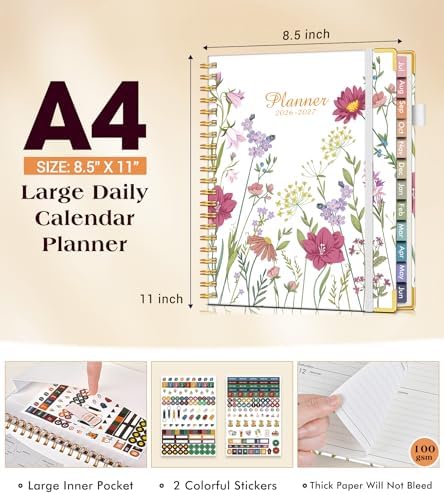 Academic Planner 2026-2027, Hardcover Weekly and Monthly Calendar Planner from July 2026 - June 2027, 8.5" x 11" A4 Large Daily Agenda with Tabs, College School Organizer for Student Teacher, Ivory Wild Flowers