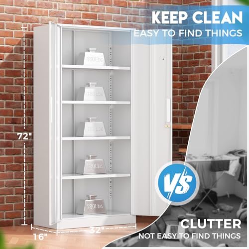 Greenvelly White Metal Storage Cabinet, 72" Steel Locking Cabinet with Doors and 4 Adjustable Shelves, Tall Tool Cabinets Lockable File Cabinet for Home Office, Metal Classroom Cabinet for Garage