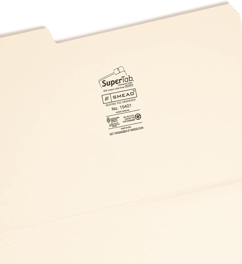 Smead SuperTab Heavyweight File Folder, Oversized 1/3-Cut Tab, Legal Size, Manila, 50 Per Box (15401)