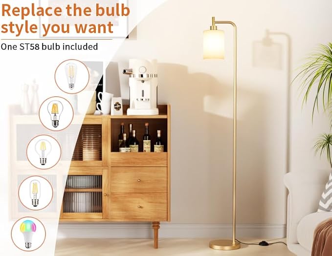 Ziisee Floor Lamps for Living Room - Industrial Standing Lamp with Frosted White Glass Shade, Modern Gold Floor Lamp with LED Bulbs, Farmhouse Floor Lamp for Bedroom, Tall Lamp for Office - Gold