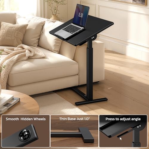 Mobile Standing Desk Adjustable Overbed Table, Pneumatic Height Adjustable Rolling Laptop Desk with Hidden Wheels, 0-180°Tilt Top Rolling Computer Cart Foldable for Home Office, Craft & Study, Black