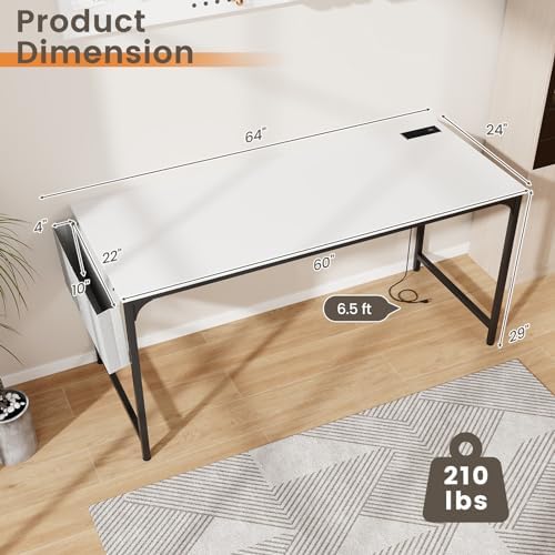 COSTWAY Home Office Desk, 32 Inch Computer Desk with Recessed Power Strip, Storage Bag & Headphone Hook, Wide Desktop, Modern Computer Workstation Writing Table for Home, Office (White + Black)