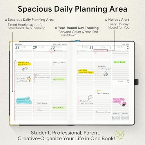 Planner 2026-2027 Weekly & Monthly Planner with Hourly Time Slots, 18 Month Academic Calendar July 2026 – Dec 2027, Vertical Layout, Monthly Tabs, Hardcover Business Agenda, Black