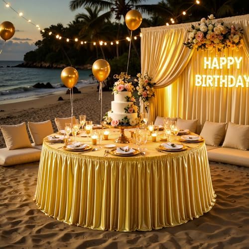 Wish Care 9ft Gold Satin Table Skirt for Rectangle Tables Wrinkle Free Teacher Desk Skirt Glitter Ruffle Table Skirting Cloth for Office Cocktail Birthday Graduation Party Buffet Table Decorations