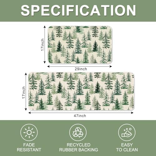 JarThenaAMCS Christmas Kitchen Mat Set of 2 Watercolor Cedar Forest Kitchen Floor Mats Winter Trees Non-Slip Door Rugs for Xmas Holiday Home Entrance Decor