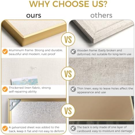 SELEAD Linen Bulletin Board 48” x 24” - Golden Aluminum Frame, Beige Fabric
