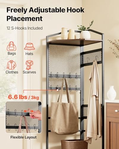 VEVOR Corner Hall Tree, 71.3 in Coat Rack with Hooks, Top Shelf & Steel Frame, Freestanding Clothes Shoes Rack Storage Organizer with Anti-Tip Set, Adjustable Non-Slip Feet for Entrance Closet Office