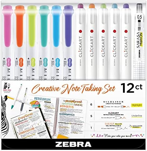 Zebra Pen Notetaking Set, MILDLINER, CLiCKART & SARASA, Assorted, 12-Pack