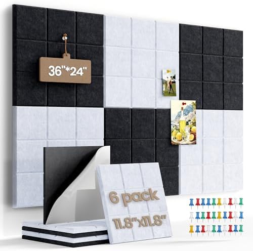 Large Felt Board Tiles for Wall with 30 Push Pins, 11.8"x11.8" Pack of 6 Pin Board Notice Boards for Home Office Kitchen, Bulletin Board Wall Tiles for Photos Memos (Black+White, 6 Pack)