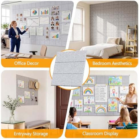 36" x 24" Large Black Cork Board Alternative - 6 Pack Felt Bulletin Board with 30 Push Pins, Felt Wall Tiles Pin Board for Walls Office Home School Decor, Aesthetic Cork Squares, Light Gray
