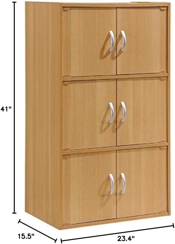 Pemberly Row 3 Shelf Bookcase, 41 in H x 23.4 in W x 15.5 in D, Beech Finish, 6 Door Storage, Slim Multi-Purpose Design, Versatile Home or Office Organizer for Bedroom, Kitchen, or Laundry Room