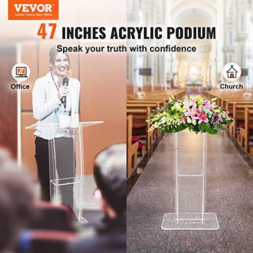 VEVOR Acrylic Podium, 47" Clear Acrylic Podium Stand with Wide Reading Surface & Storage Shelf, Floor-Standing Clear Pulpits Acrylic for Church Office School