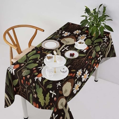 Wild Mushrooms Tablecloth, Rustic Chamomile Flowers Herbs Plants Retro Botanical Mushroom Natural Print Table Cover for Kitchen Dining Room Picnic Camping Indoor Outdoor 60x90in