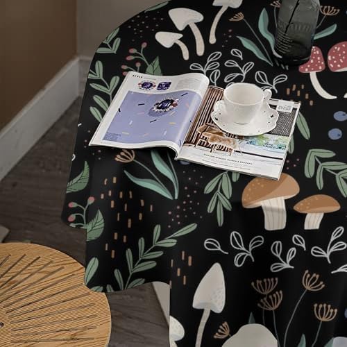 Mushroom Tablecloth, Cartoon Green Leaves Mushroom Wildflower Plant Botanical Herb Nature Garden Print Table Cloth for Home Kitchen Outdoor Party Picnic Wedding Decor, 70x70in