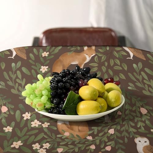 Woodland Animals Tablecloth, Rustic Forest Fox Owl Bird Green Plants Leaves Print Table Cover for Farmhouse Kitchen Dinning Indoor Outdoor Party Decor 60x120in