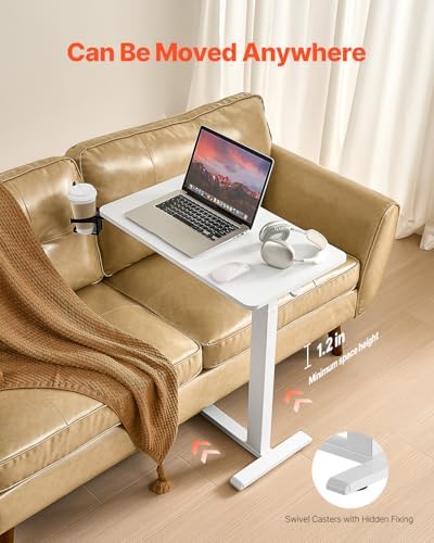VEVOR Overbed Table, Over Bed Table with Wheels Adjustable Height, Mobile Hospital Bed Table, Rolling Laptop Desk with Fixed Top & Cup Holder, Portable Over Bed Desk for Home, Office, Study, White