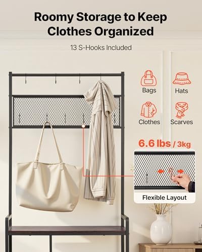 VEVOR Hall Tree, 70.9 in Coat Rack with Shoe Storage, Freestanding 4-Tier Shoe Rack Organizer with Hooks, Side Pocket and Wire Shelf, Steel Frame Entrance Coat Holder for Entryway, Bedroom, Closet