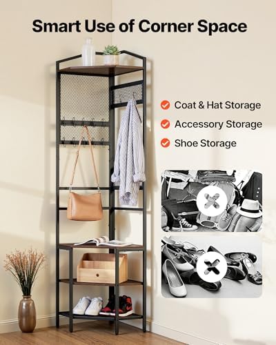 VEVOR Corner Hall Tree, 71.3 in Coat Rack with Hooks, Top Shelf & Steel Frame, Freestanding Clothes Shoes Rack Storage Organizer with Anti-Tip Set, Adjustable Non-Slip Feet for Entrance Closet Office