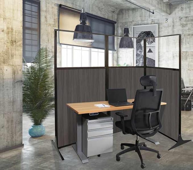 Versare Workstation Partition | Portable Wall Divider | Modern Office Cubicle | Free Standing Privacy Screen | Flexible Work Space | 33" x 70" Gray Elm Wood Grain Panels with Clear Window