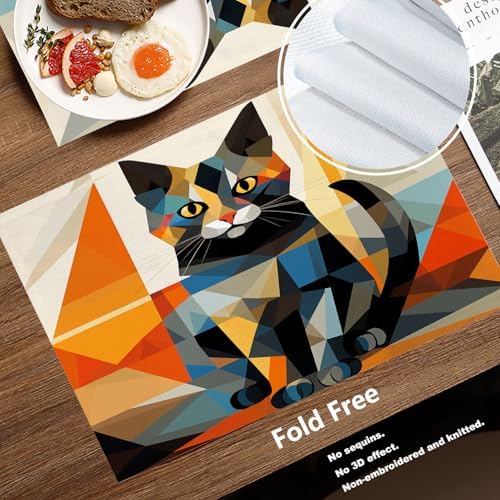 Batmerry Geometric Cat Linen Placemats Set of 4, Colorful Triangular Art Washable Table Mats for Kitchen Table Thickened Heat Insulation Dining Set Indoor Outdoor 12X18 in