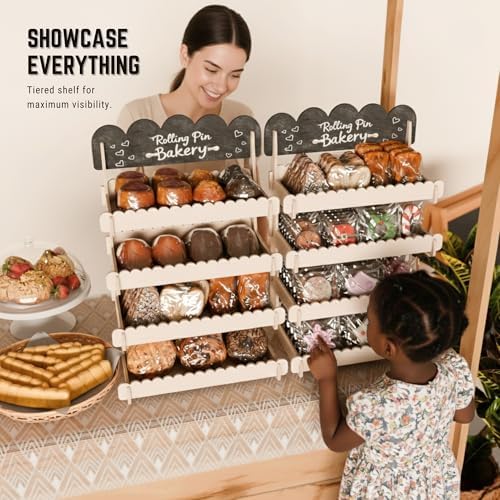 HOTCAN Wooden Cookie Display Stand with Chalkboard Sign for Bakers, Vendors, Craft Fairs | Pastry Display for Market Booths & Events | 4 Tiered Cookie Display for Muffins, Cakes, and Pastries(Natural)