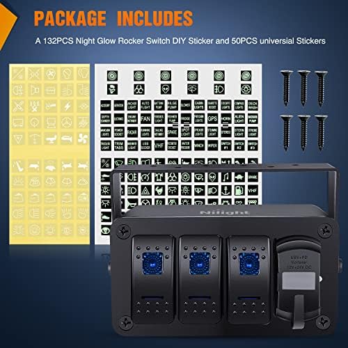 Nilight 3 Gang Rocker Switch Box 12V SPST ON Off PD Type C and QC 3.0 USB Charger Voltmeter Waterproof Aluminum Panel DIY Stickers for Boats Cars RVs Trucks