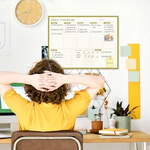 Gold Weekly Dry Erase Board for Wall,12"x16",Gold Metal Frame Weekly Planner Whiteboard for to Do List, Memo, School, Home, Office, Kitchen-GZ