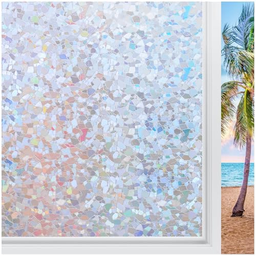 rabbitgoo Rainbow Window Privacy Film Decorative Stained Glass Diamond Pattern Window Sticker with Iridescent Tint Non-Adhesive Static Cling for Home Office Crystal Pattern, 23.6 x 78.7 inch