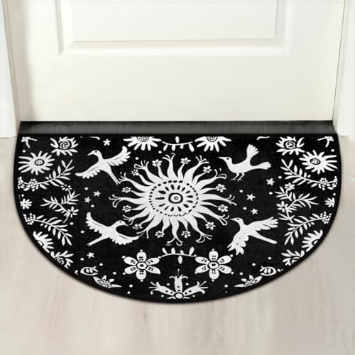 Pardick Vintage Boho Flower Bird Half Round Door Mat, Non-Slip Welcome Indoor Entrance Way Rug Semi Circle Front Doormats Washable Bathroom Kitchen Floor Mat, Outdoor Rugs for Patio, Hearth Rug