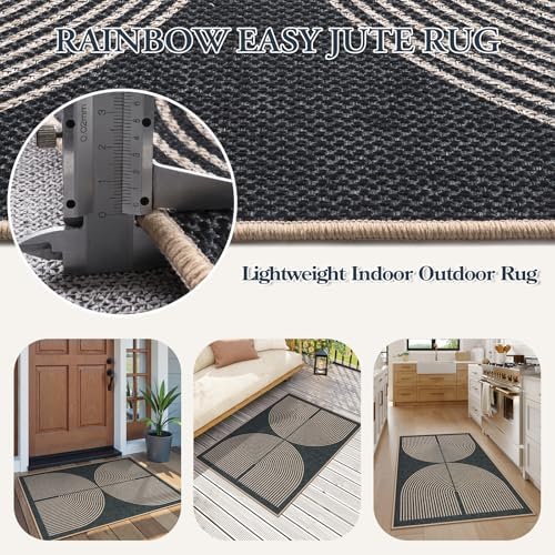 Lahome Rainbow Easy Jute Rugs for Entryway, 32"x48" Black Door Mat Non Slip