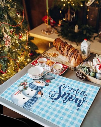 Snowman Christmas Placemat 1PC, Let It Snow Winter Holiday Heat Resistant Washable Table Place Mats Blue White Buffalo Plaid Cotton Table Linens Party Holiday Decor for Kitchen Dining Outdoor Indoor